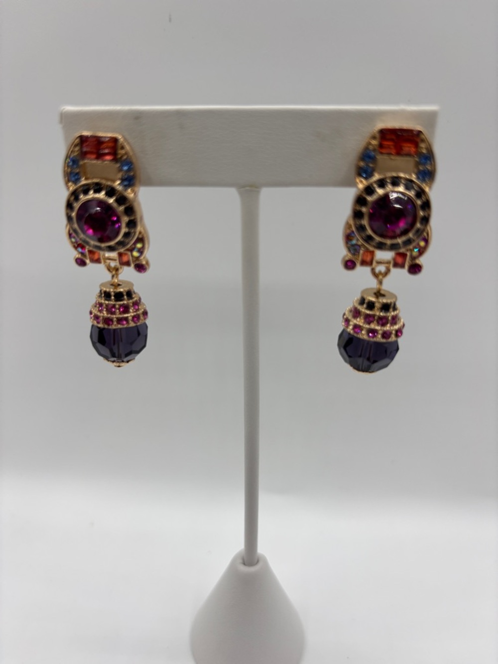 Gold-Tone Purple Crystal Drop Earrings  JP458